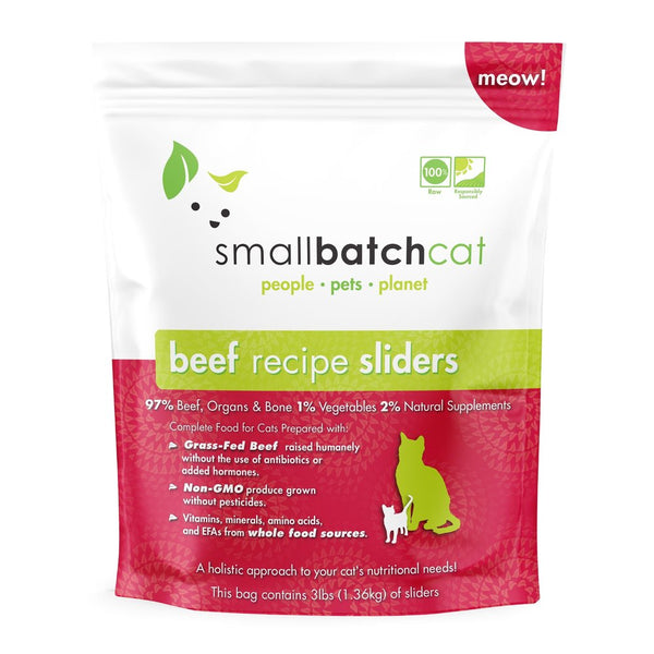 Curated visual reference: Grain Free And Small Batch Cat Food With Beef Reference: Small Batch Frozen Beef Batch Sliders Raw Cat Food